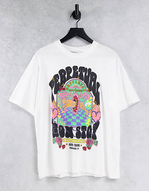 Bershka oversized psychedelic slogan tee in white