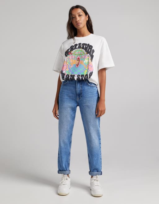 Bershka oversized psychedelic slogan tee in white