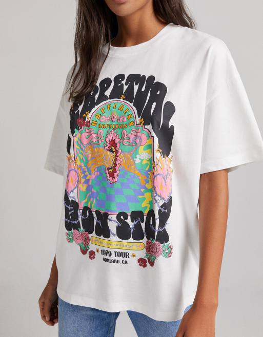 Bershka oversized psychedelic slogan tee in white