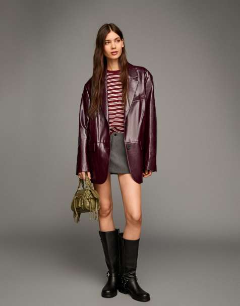 Bershka oversized pu blazer in burgundy - view 1