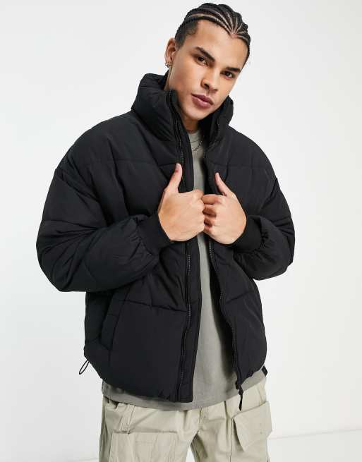 Rotate Sunday Cropped Puffer Jacket in Black - Black White Denim