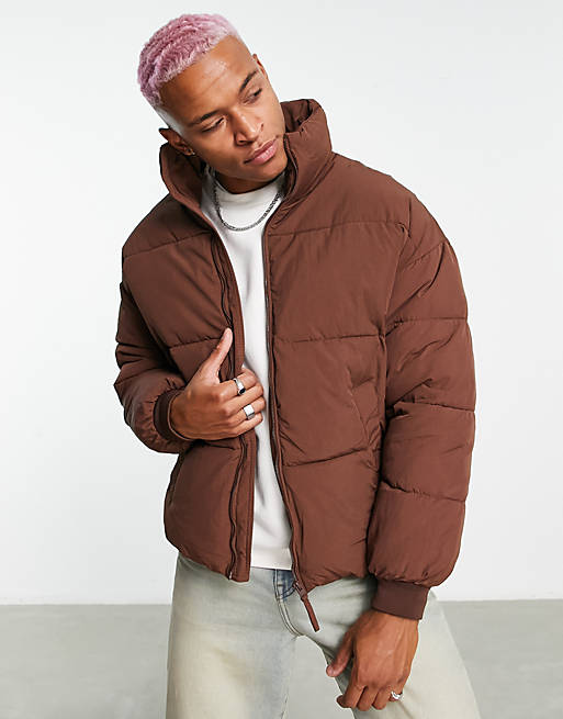 Bershka oversized puffer jacket in brown | ASOS