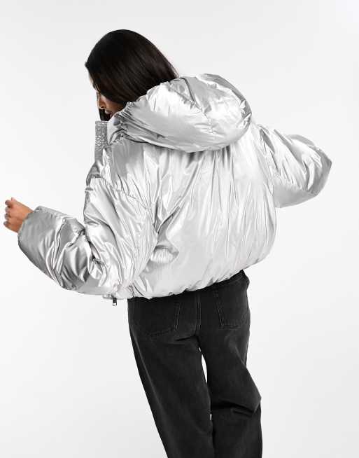 In The Mix Denim Shiny Puffer in Silver