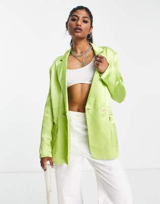 Bershka oversized satin blazer co-ord in lime