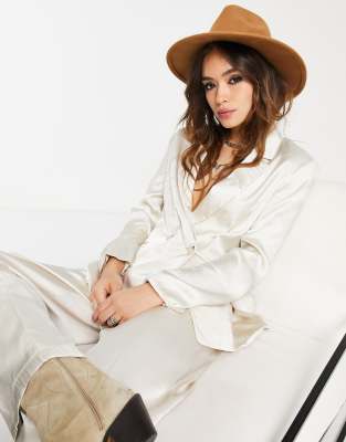 Bershka oversized satin blazer co-ord  in stone - ASOS Price Checker