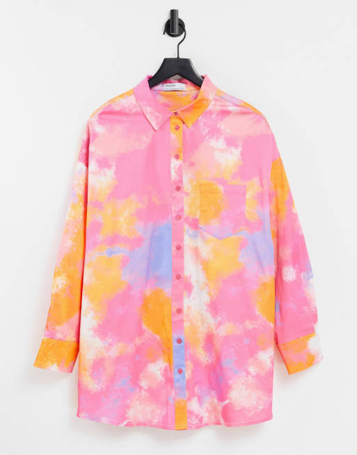 Bershka oversized satin shirt co-ord in bright tie-dye