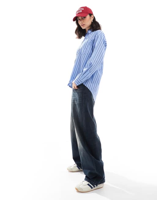 Bershka oversized shirt in blue pinstripe, 4 of 4