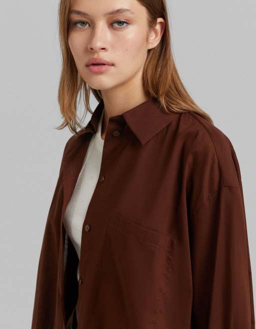 Bershka oversized shirt in dark chocolate brown