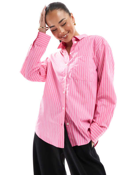 Bershka oversized shirt in pink pinstripe - view 1
