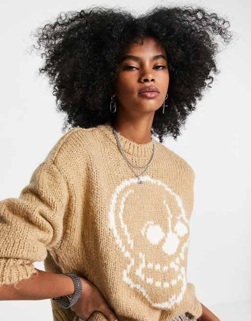 Bershka oversized skull sweater in beige