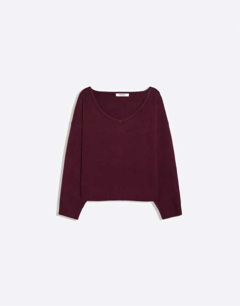 Bershka oversized striktrøje med v-hals i burgundy - view 1