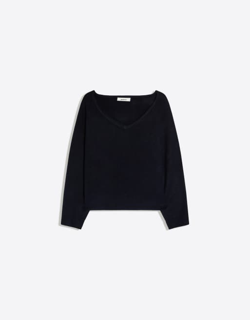 Bershka oversized striktrøje med v-hals i denimblå, 5 af 5