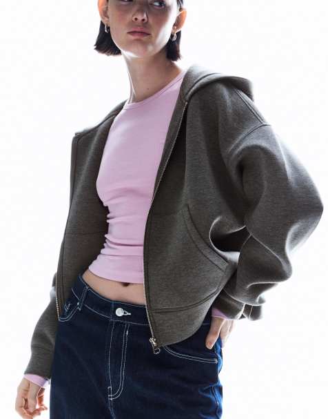 Bershka - Oversized sweatshirt met neopreeneffect en rits in grijs - view 1