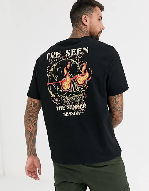 Bershka oversized t-shirt in black with flame skull back print | ASOS