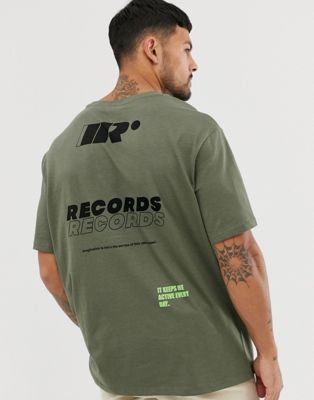 Bershka - Oversized T-shirt in kaki met record-print-Groen