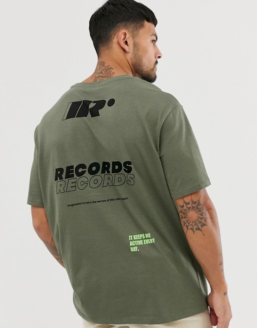 Bershka oversized t-shirt in khaki with record print