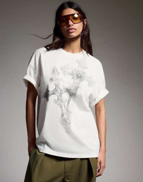 Bershka - Oversized T-shirt met korte mouwen en print in wit - view 1