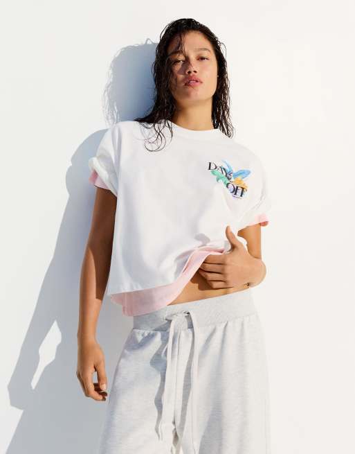 Bershka - Oversized T-shirt met korte mouwen en print in wit, 2 van 4