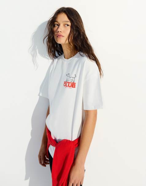 Bershka - Oversized T-shirt met korte mouwen en print in wit - view 1