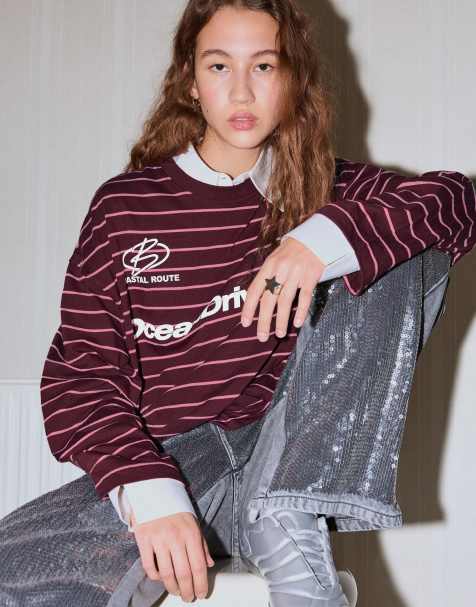 Bershka - Oversized T-shirt met lange mouwen en print in bordeauxrood - view 1