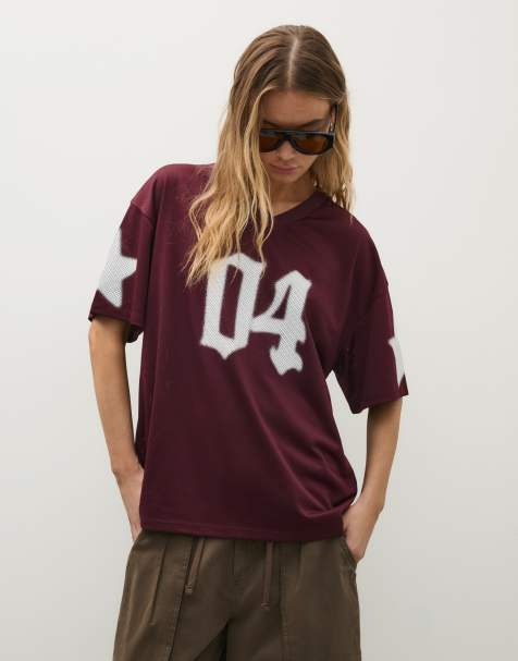 Bershka oversized T-shirt met print in bordeauxrood - view 1