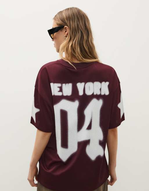 Bershka oversized T-shirt met print in bordeauxrood, 3 van 5