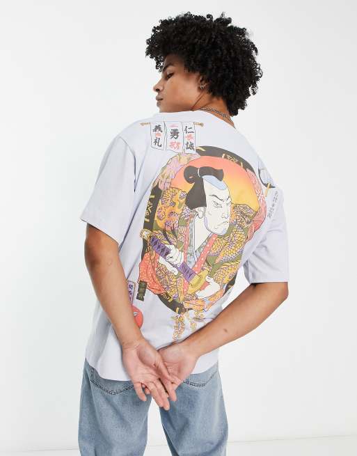 Bershka - Oversized T-shirt met samurai-print op de achterkant in lichtblauw