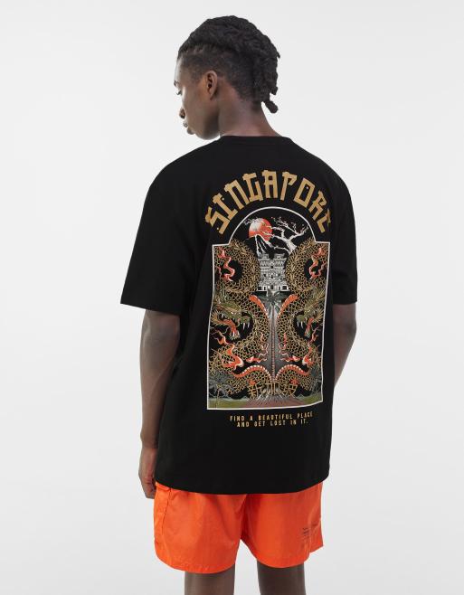 Bershka - Oversized T-shirt met 'Singapore' print op de achterkant in zwart