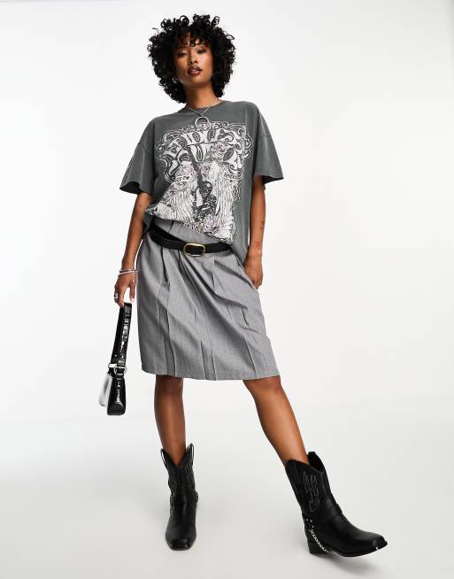 Bershka - Oversized T-shirt met slogan in grijs met wassing