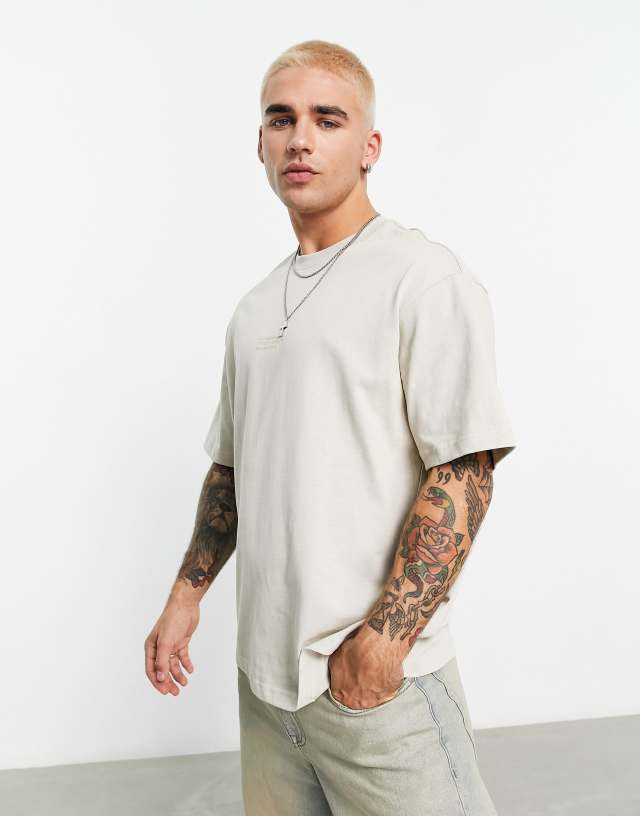 Bershka oversized tonal print T-shirt in stone