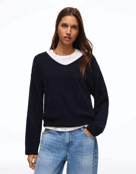 Bershka oversized trui met V-hals in denimblauw - view 1
