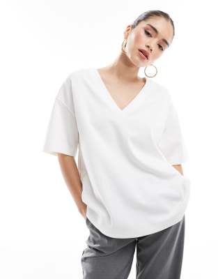 bershka oversized v-neck t-shirt in white