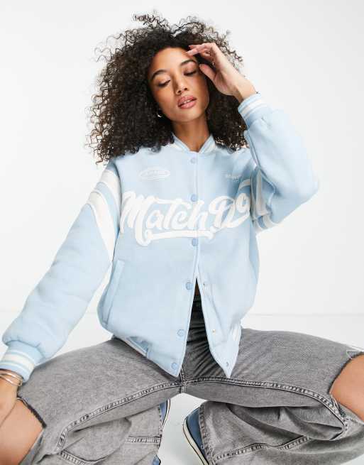 Bershka oversized varsity jacket in light blue ASOS