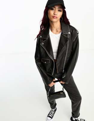 Bershka Oversized Worn Detail Biker Jacket In Washed Black