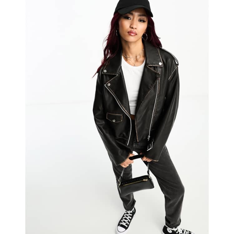 Oversized leather hotsell biker jacket womens