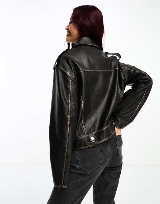 Black Contrast Stitch Pu Oversized Biker Jacket