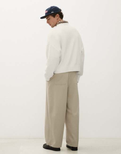 Bershka overslag geplooide baggy broek in beige, 3 van 5