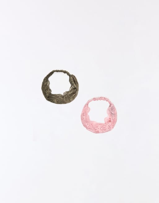 Bershka Pack of 2 lace hairbands in pink, 3 of 3