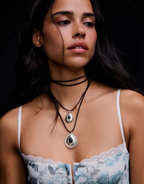 Bershka Pack of 2 stone pendant necklaces in silver - view 1