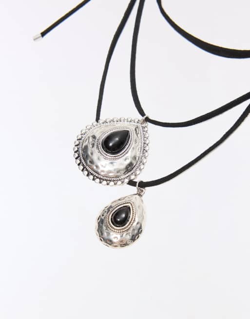 Bershka Pack of 2 stone pendant necklaces in silver, 2 of 4