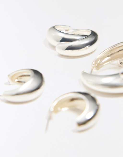 Bershka Pack of 3 pairs of hoop earrings in silver, 2 of 3
