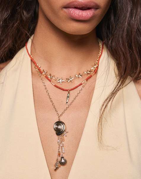 Bershka Pack of 3 pendant necklaces in gold - view 1