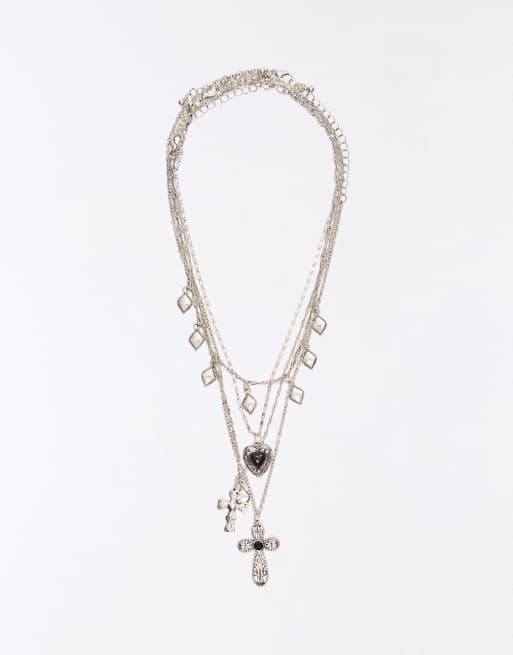 Bershka Pack of 4 assorted charm necklaces in silver, 3 of 4
