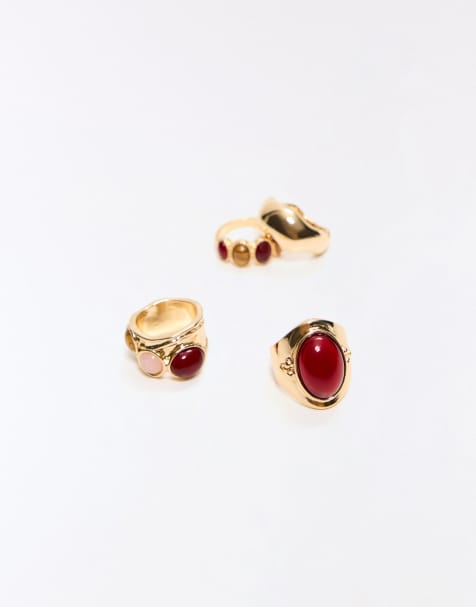 Bershka Pack of 4 stone rings in gold - view 1