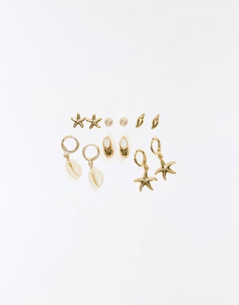 Bershka Pack of 6 marine earrings in gold - view 1