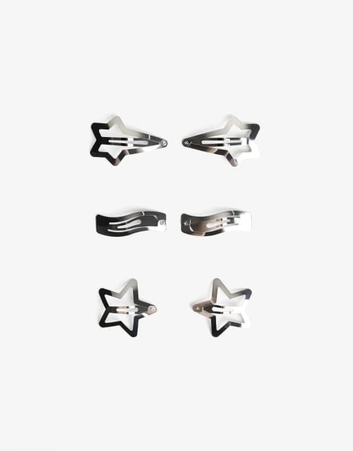 Bershka Pack of 6 star hair clips in silver