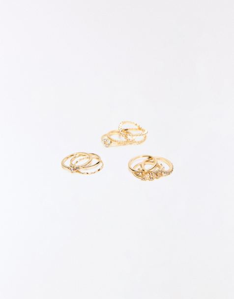 Bershka Pack of 9 rhinestone rings in gold - view 1