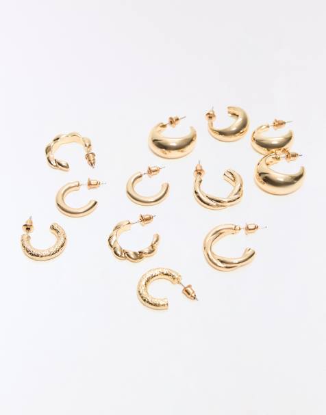 Bershka Pack of assorted hoop earrings in gold - view 1