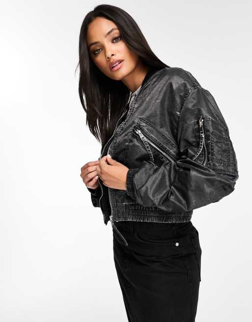 Bershka padded bomber jacket in washed grey 