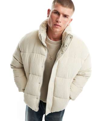 Bershka Padded Cord Jacket In Ecru-neutral